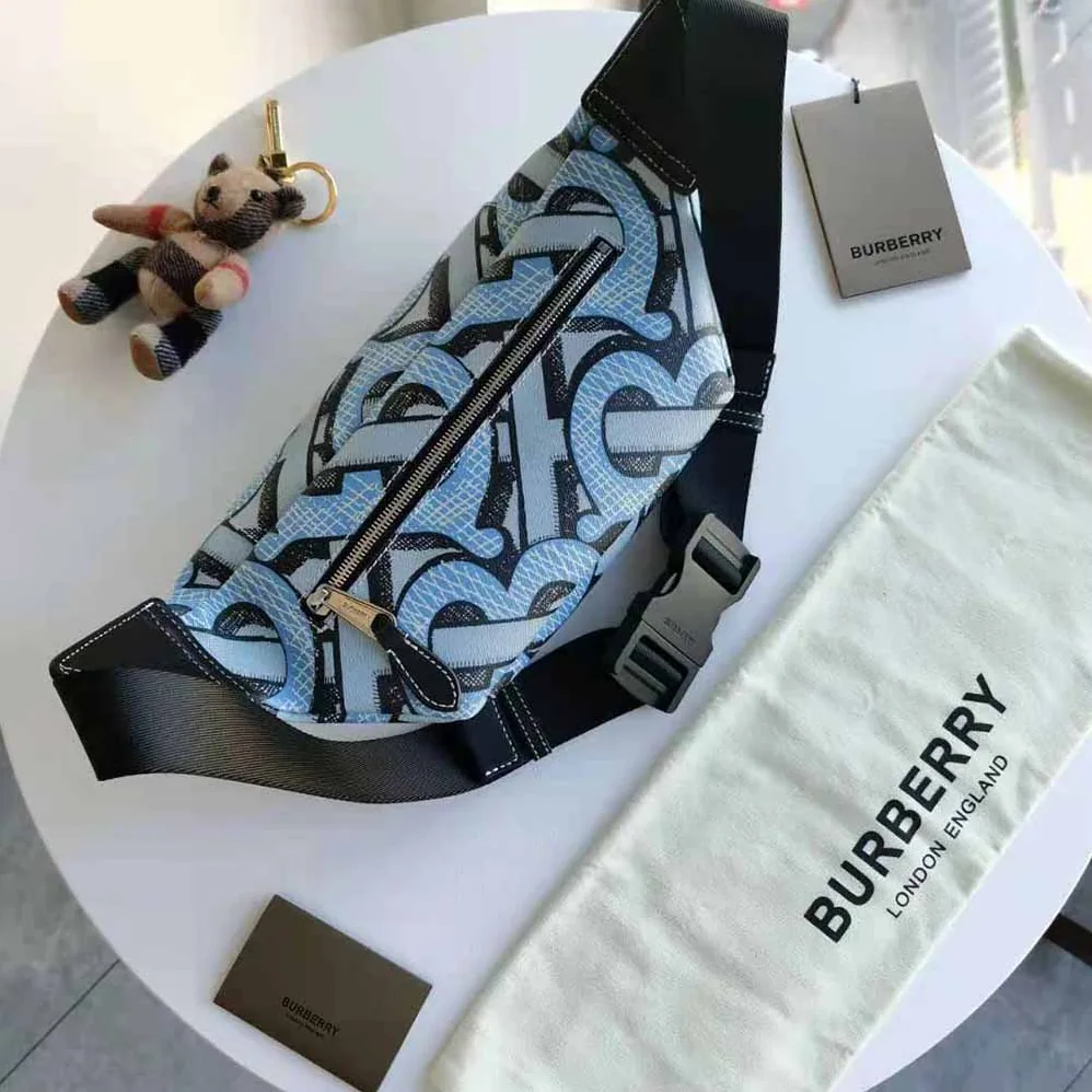 Burberry Monogram Print E-canvas Sonny Bum Bag for Women in Blue Burberry Monogram Print E-canvas Sonny Bum Bag for Women in Blue