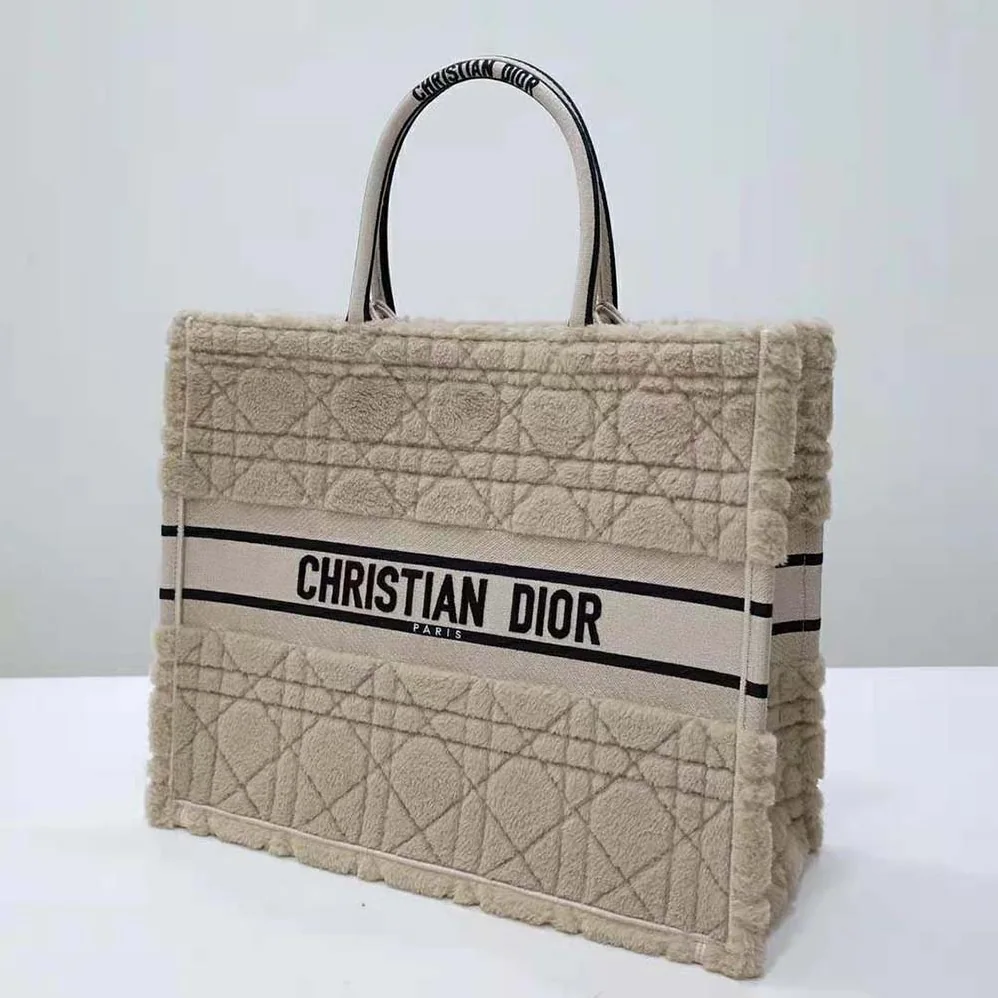 Dior Large Dior Book Tote Beige Cannage Shearling for Women