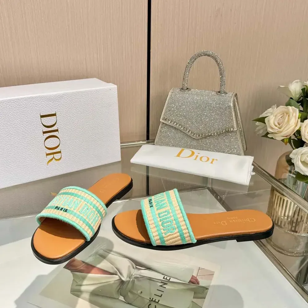 Dior Dioriviera Dway Slide Natural Raffia and Aquamarina Embroidered Cotton for Women