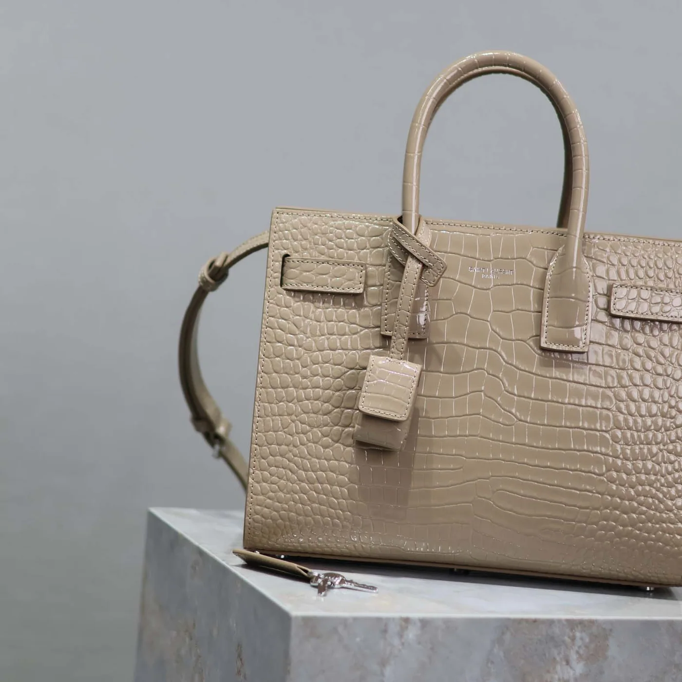 Saint Laurent YSL Sac De Jour in Embossed Crocodile Leather Baby for Women in Sandy Saint Laurent YSL Sac De Jour in Embossed Crocodile Leather Baby for Women in Sandy