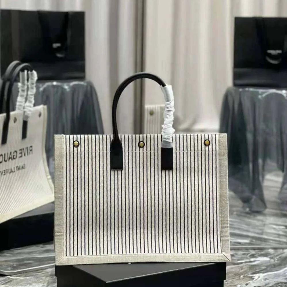 Saint Laurent YSL Rive Gauche Tote Bag in Linen and Smooth Leather for Women Saint Laurent YSL Rive Gauche Tote Bag in Linen and Smooth Leather for Women