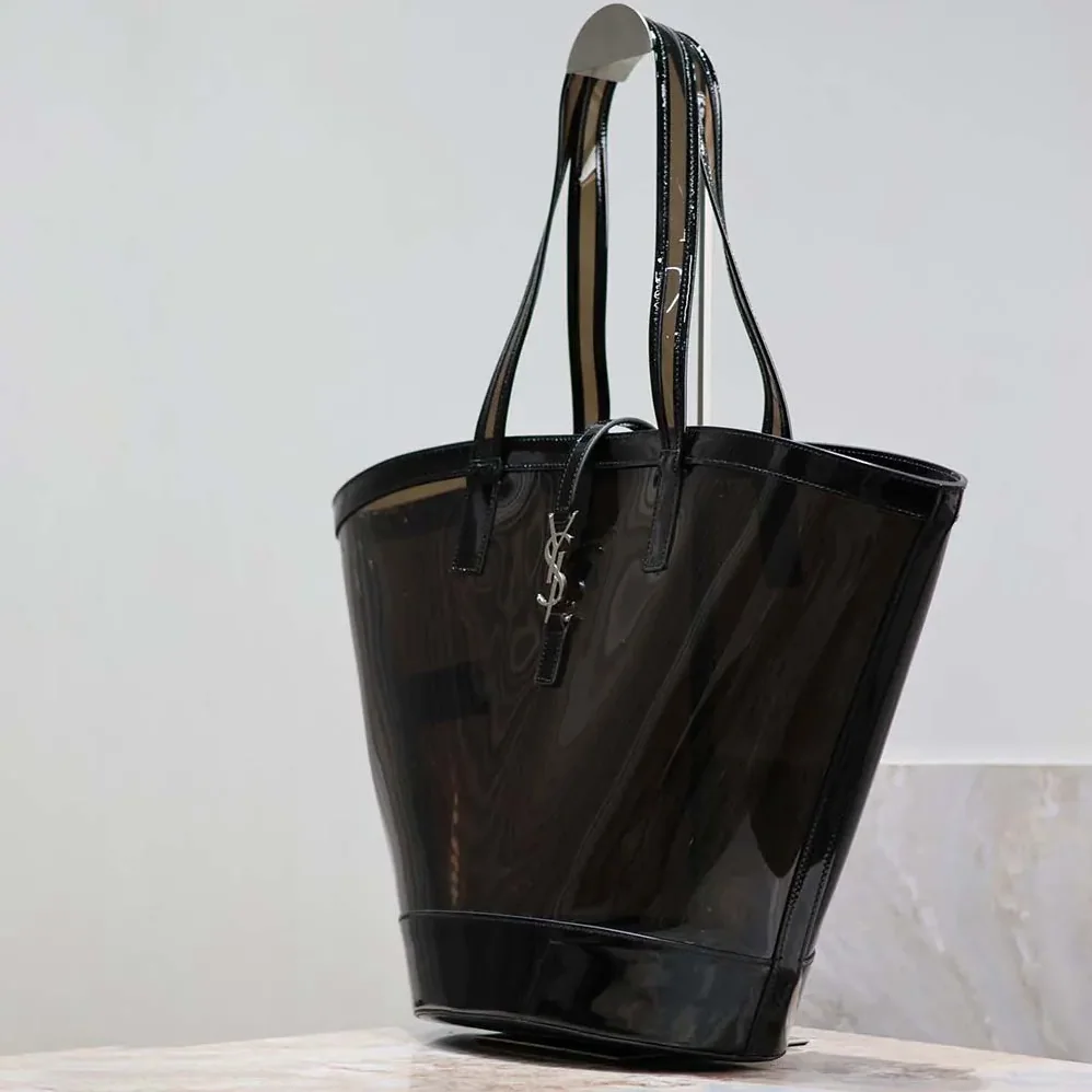 Saint Laurent YSL Panier Medium in Vinyl and Shiny Leather for Women in Black