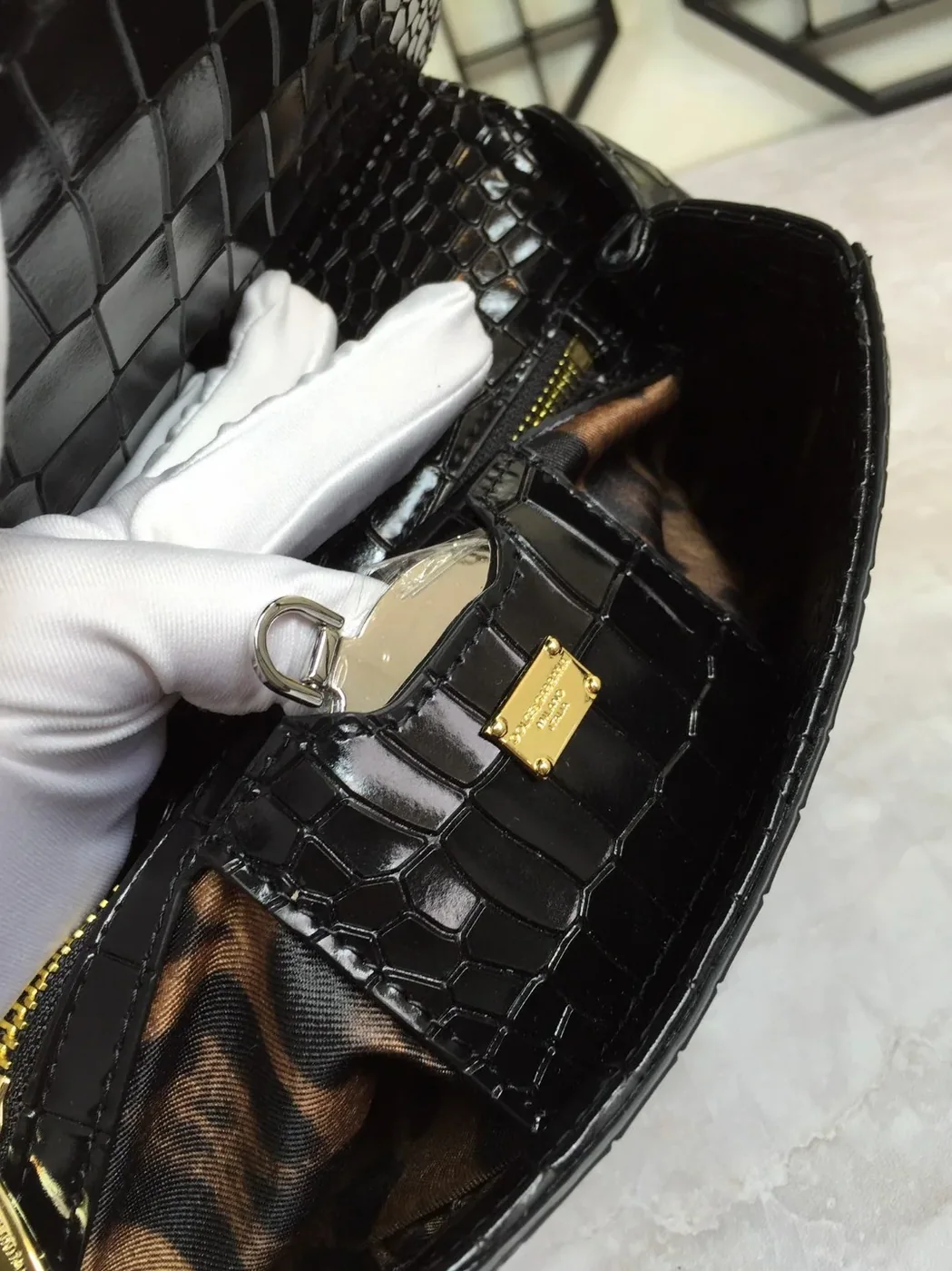Dolce & Gabbana Medium Sicily Bag In Foiled Crocodile in Print Black / DG