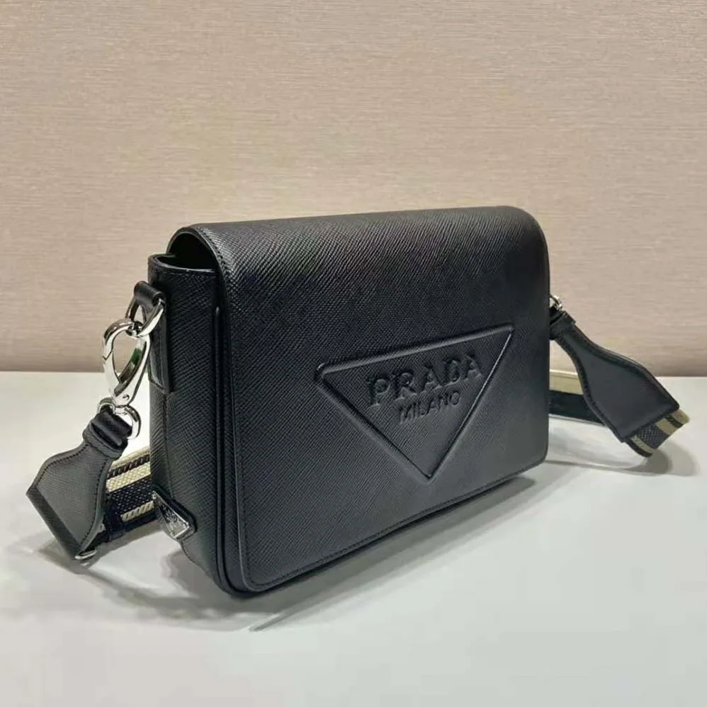 Prada Saffiano Leather Shoulder Bag with Sleek for Men in Black