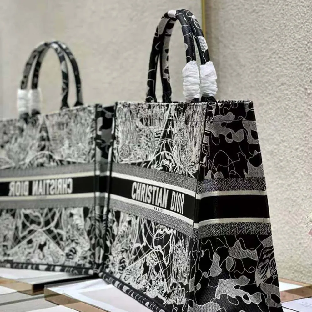 Dior Book Tote Black and White Dior Around the World Embroidery for Women