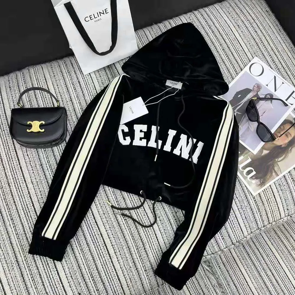 Celine Cropped Hoodie in Velvet Jersey for Women Celine Cropped Hoodie in Velvet Jersey for Women