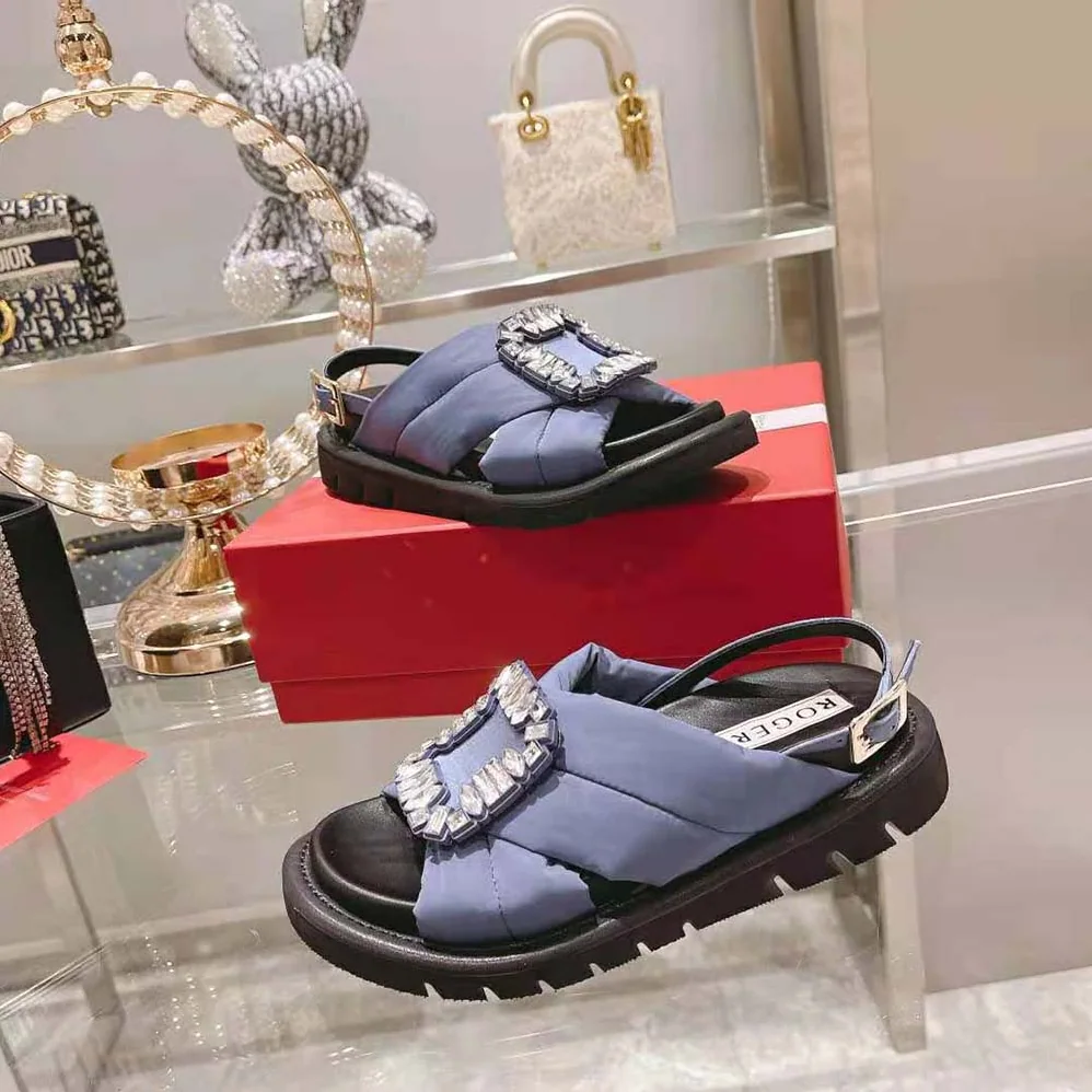 Roger Vivier Viv Winter Puffy Strass Buckle Sandals in Satin for Women in Navy Roger Vivier Viv Winter Puffy Strass Buckle Sandals in Satin for Women in Navy