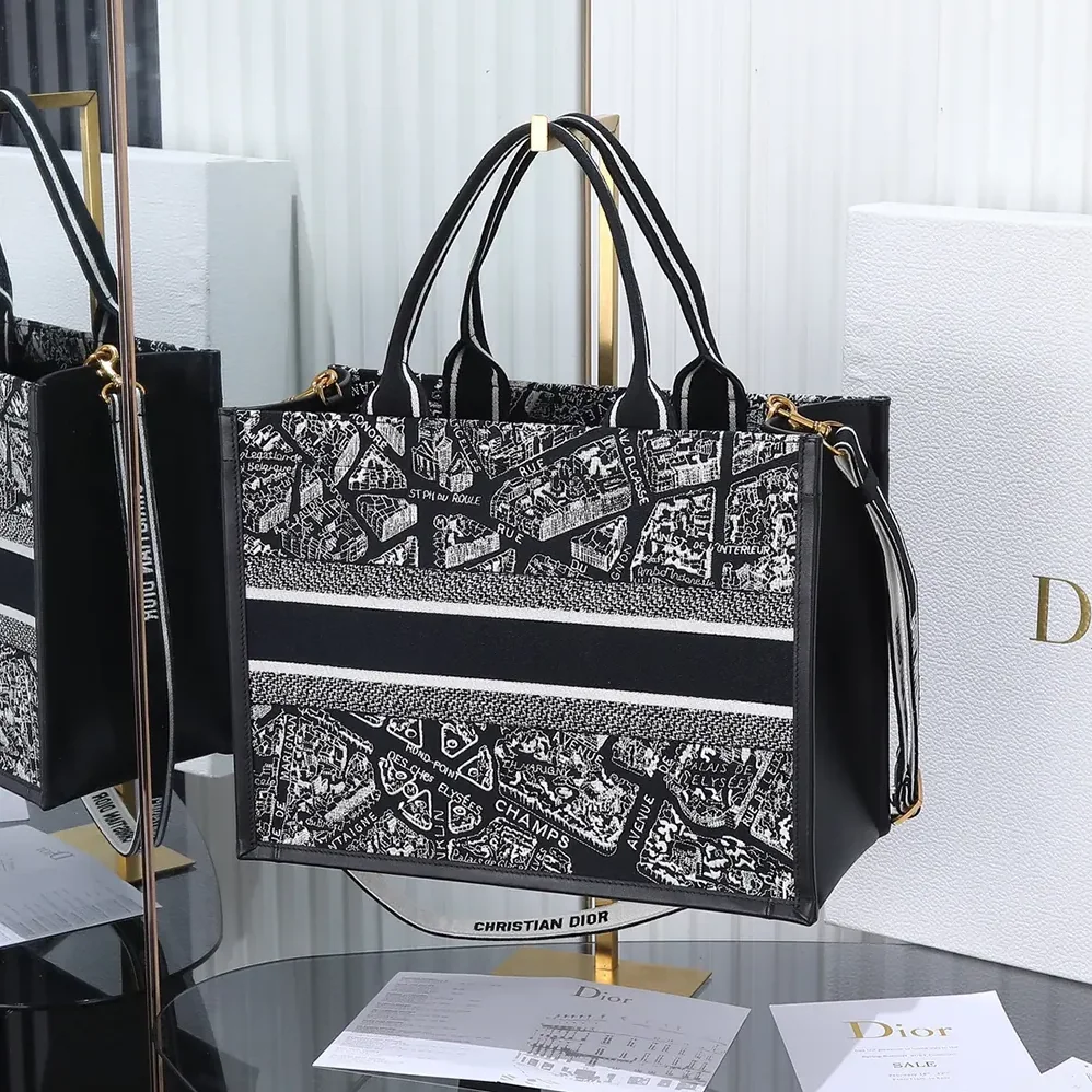 Dior Medium Dior Book Tote Black and White Plan de Paris Embroidery with Black Calfskin for Women Dior Medium Dior Book Tote Black and White Plan de Paris Embroidery with Black Calfskin for Women