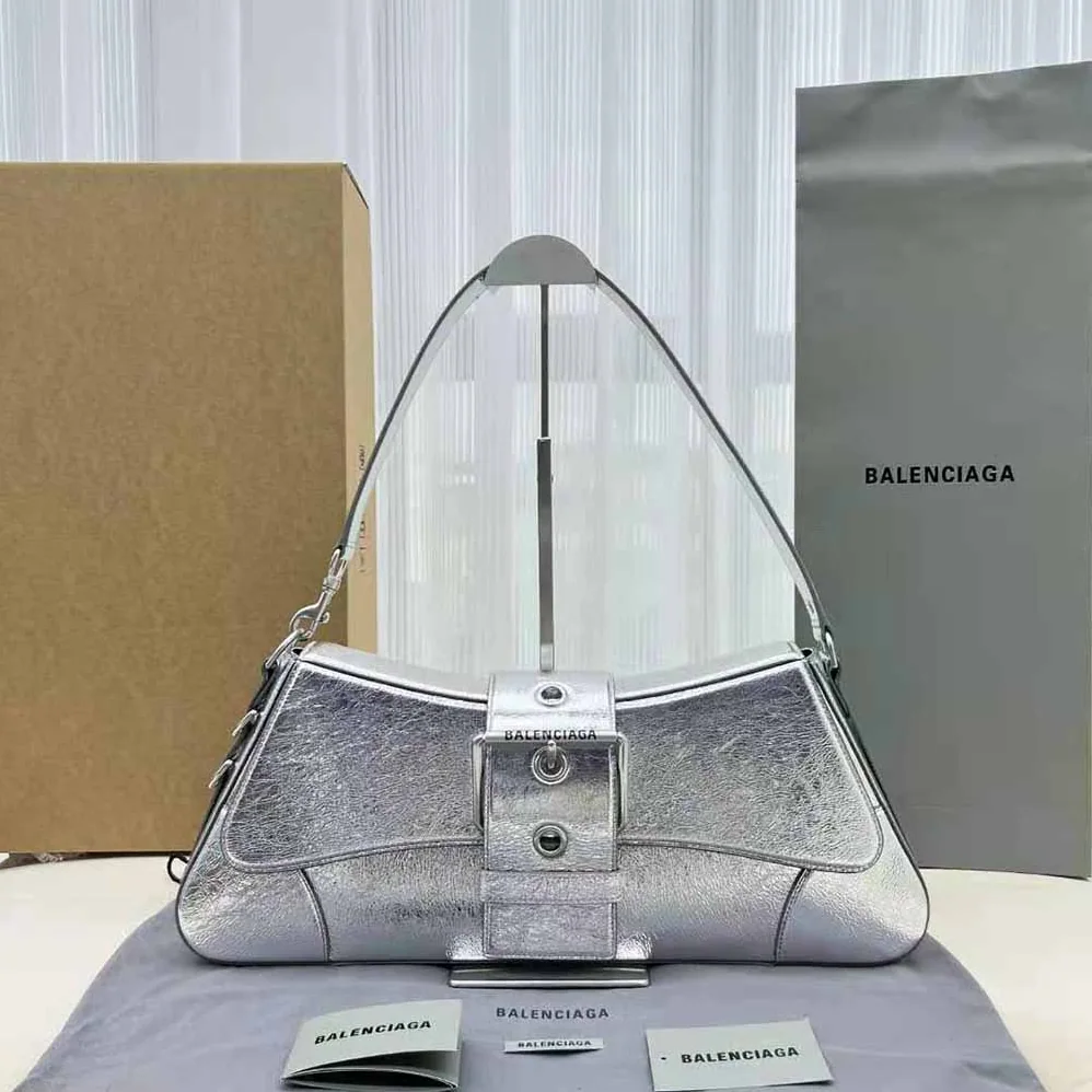 Balenciaga Lindsay Small Shoulder Bag with Strap Pleated Mirror Effect for Women in Silver Balenciaga Lindsay Small Shoulder Bag with Strap Pleated Mirror Effect for Women in Silver