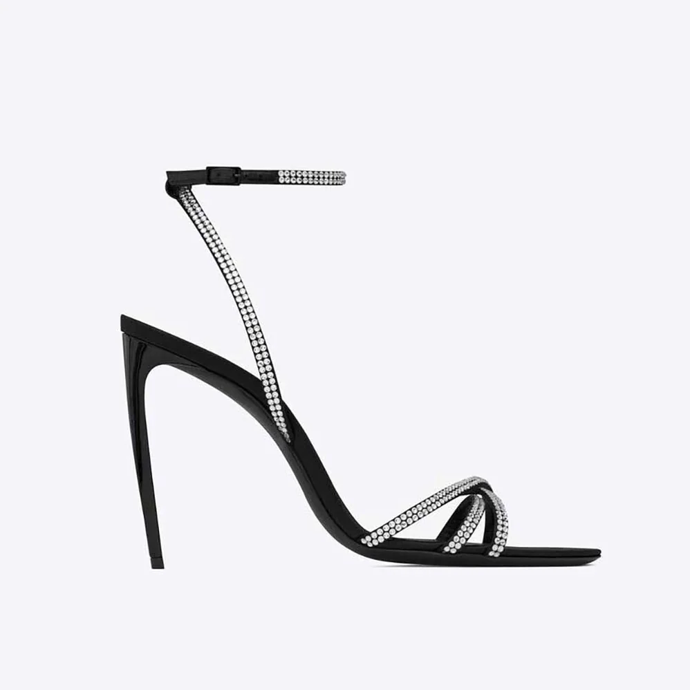 Saint Laurent YSL Ava Sandals in Crepe Satin with Rhinestones for Women
