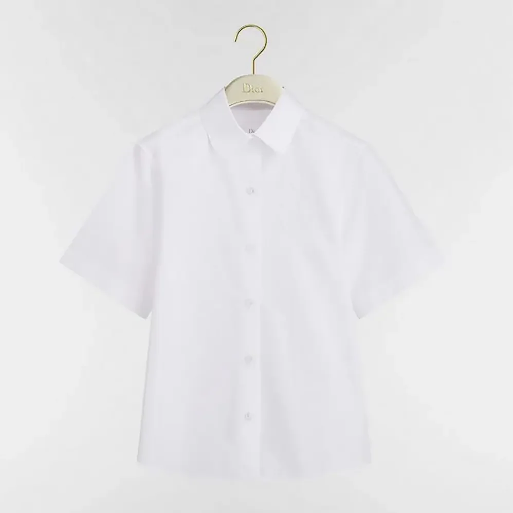 Dior Médaillon Embroidered Short-Sleeved Blouse White Cotton Poplin for Women
