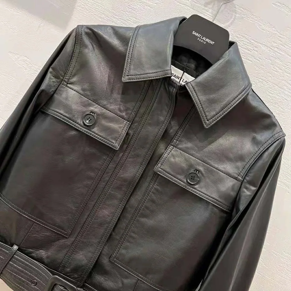 Saint Laurent YSL Cropped Jacket in Drummed Lambskin for Women in Black