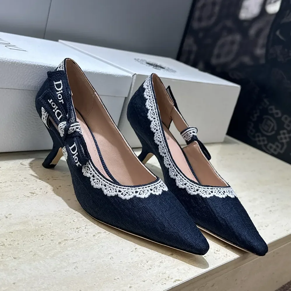 Dior J'Adior Pump Blue Dior Oblique Embroidered Cotton and White Lace for Women Dior J'Adior Pump Blue Dior Oblique Embroidered Cotton and White Lace for Women