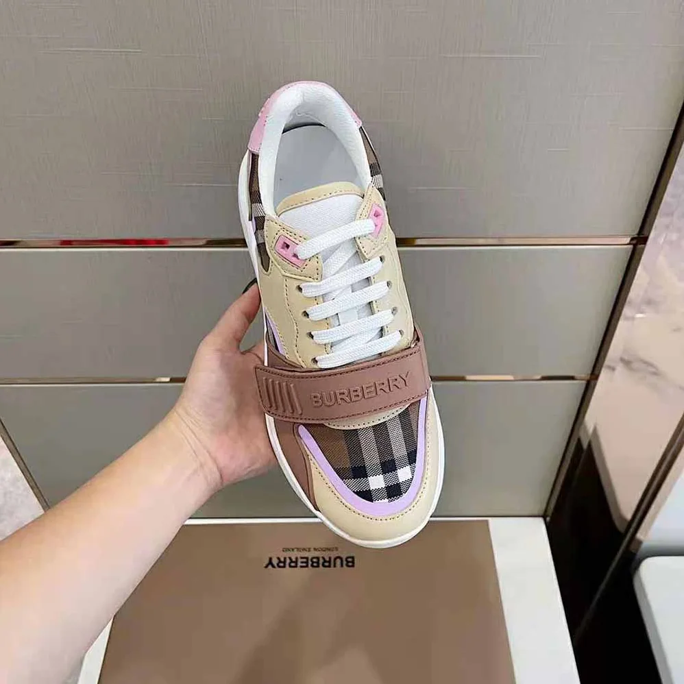 Burberry Check Cotton and Leather Sneakers for Women in Pink