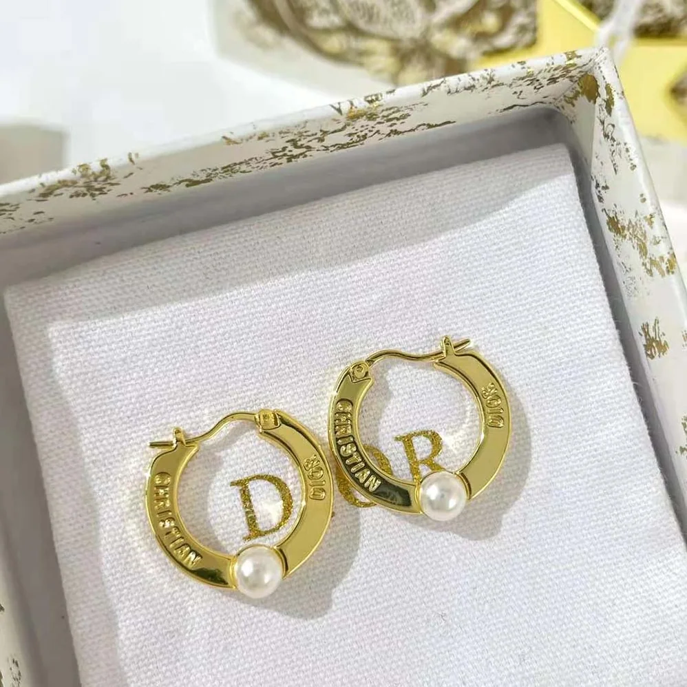 Dior CD Navy Earrings Gold-Finish Metal and White Resin Pearls for Women