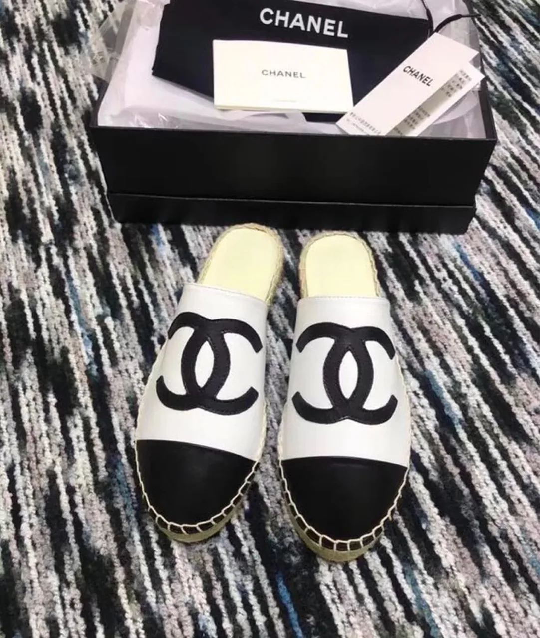 Chanel Mule Espadrille Slides White/Black , Shoes Chanel Mule Espadrille Slides White/Black , Shoes