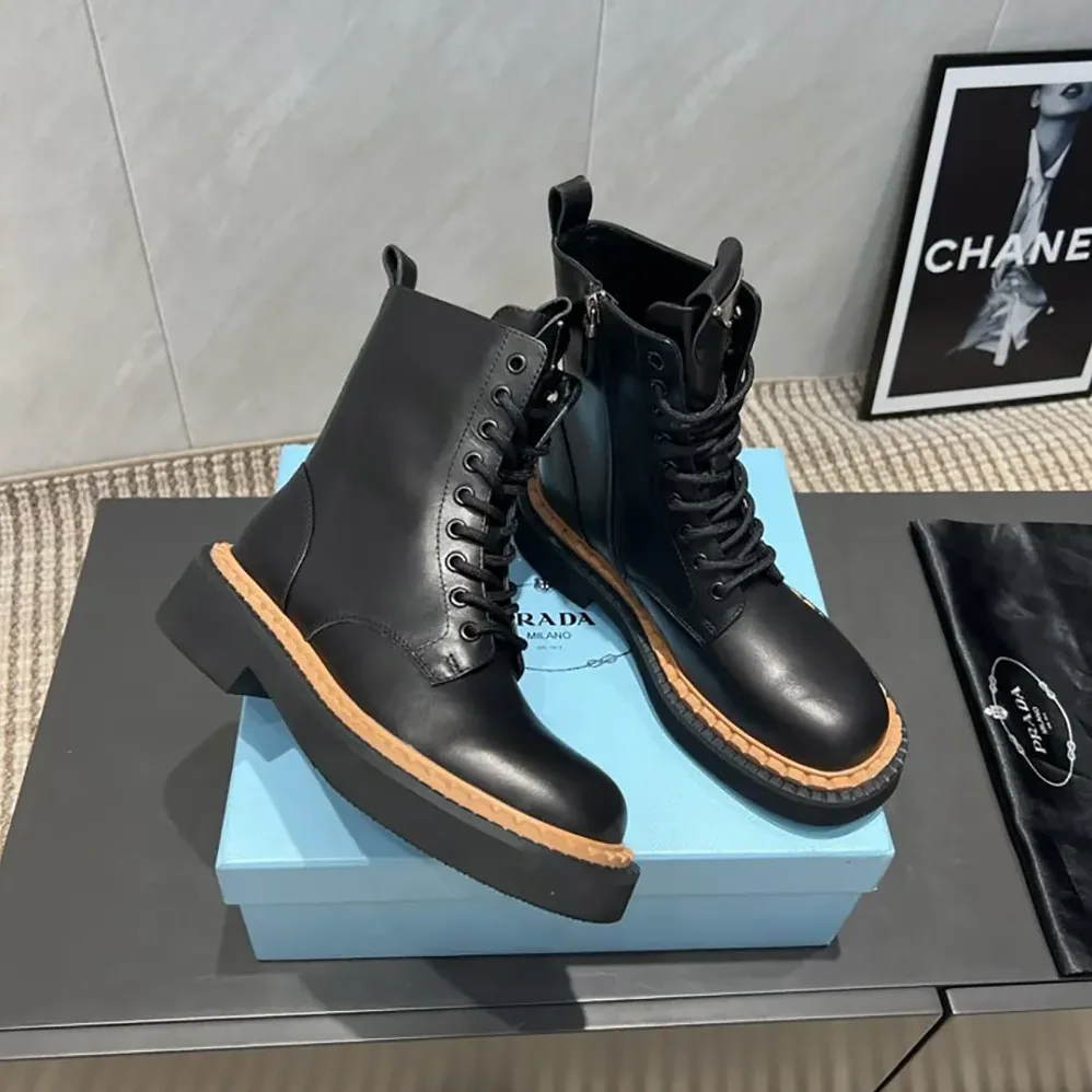 Prada Black Leather Lace-Up zip up Combat Boots for Unisex