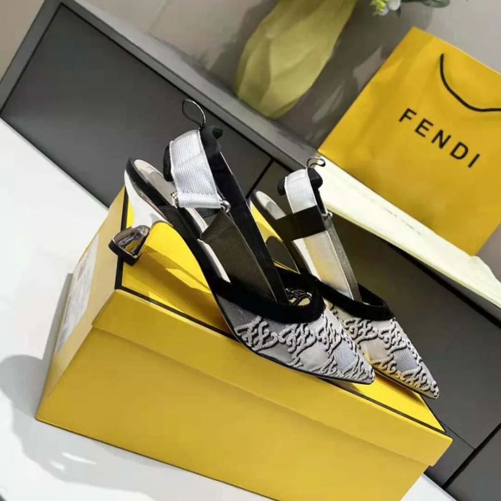 Fendi Colibri Gray Mesh and Embroidery High for Women in Heeled Slingbacks Fendi Colibri Gray Mesh and Embroidery High for Women in Heeled Slingbacks