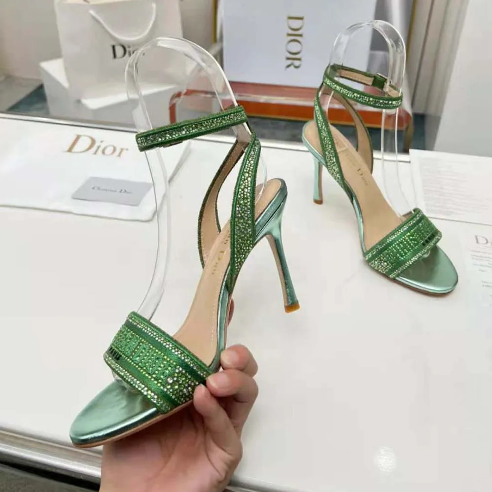 Dior Dway Heeled Slide Green Cotton Embroidered with Metallic Thread and Strass for Women Dior Dway Heeled Slide Green Cotton Embroidered with Metallic Thread and Strass for Women