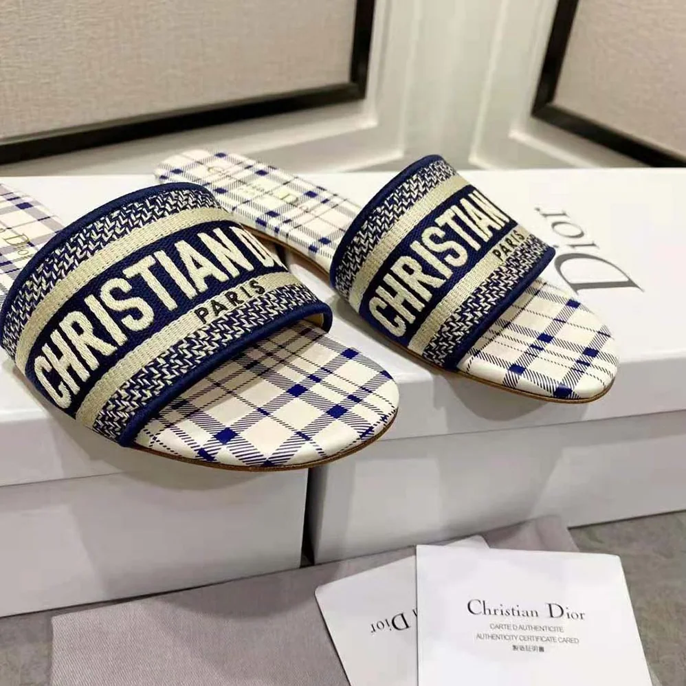 Dior Dway Slide French Blue Check n Dior Embroidered Cotton for Women Dior Dway Slide French Blue Check n Dior Embroidered Cotton for Women