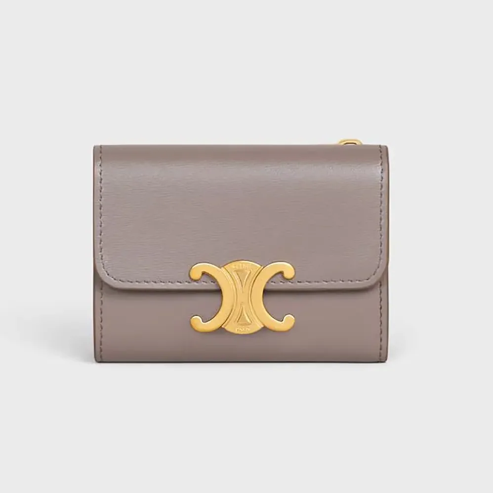 Celine Compact Wallet with Coin Triomphe in Shiny Calfskin for Women in Grey Celine Compact Wallet with Coin Triomphe in Shiny Calfskin for Women in Grey