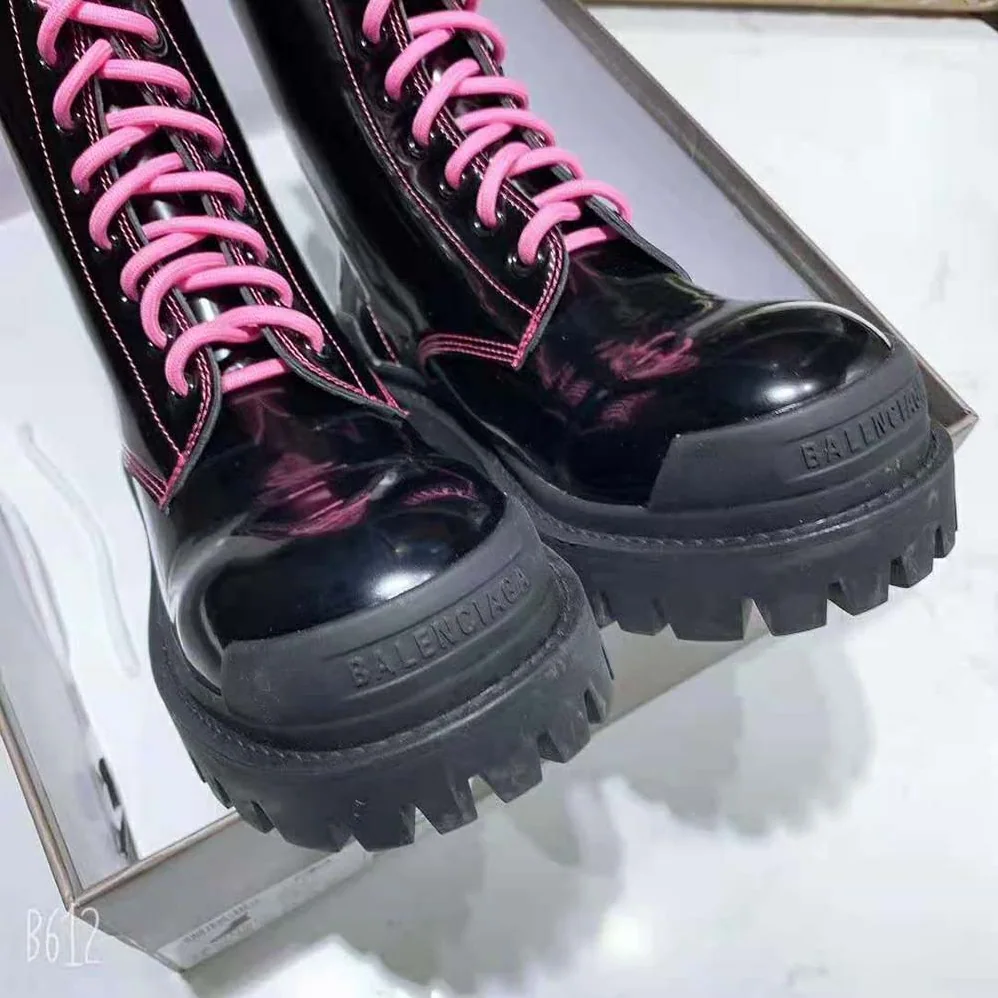 Balenciaga Strike 20mm Lace-Up Boot in Black Matte Calfskin for Women in Pink