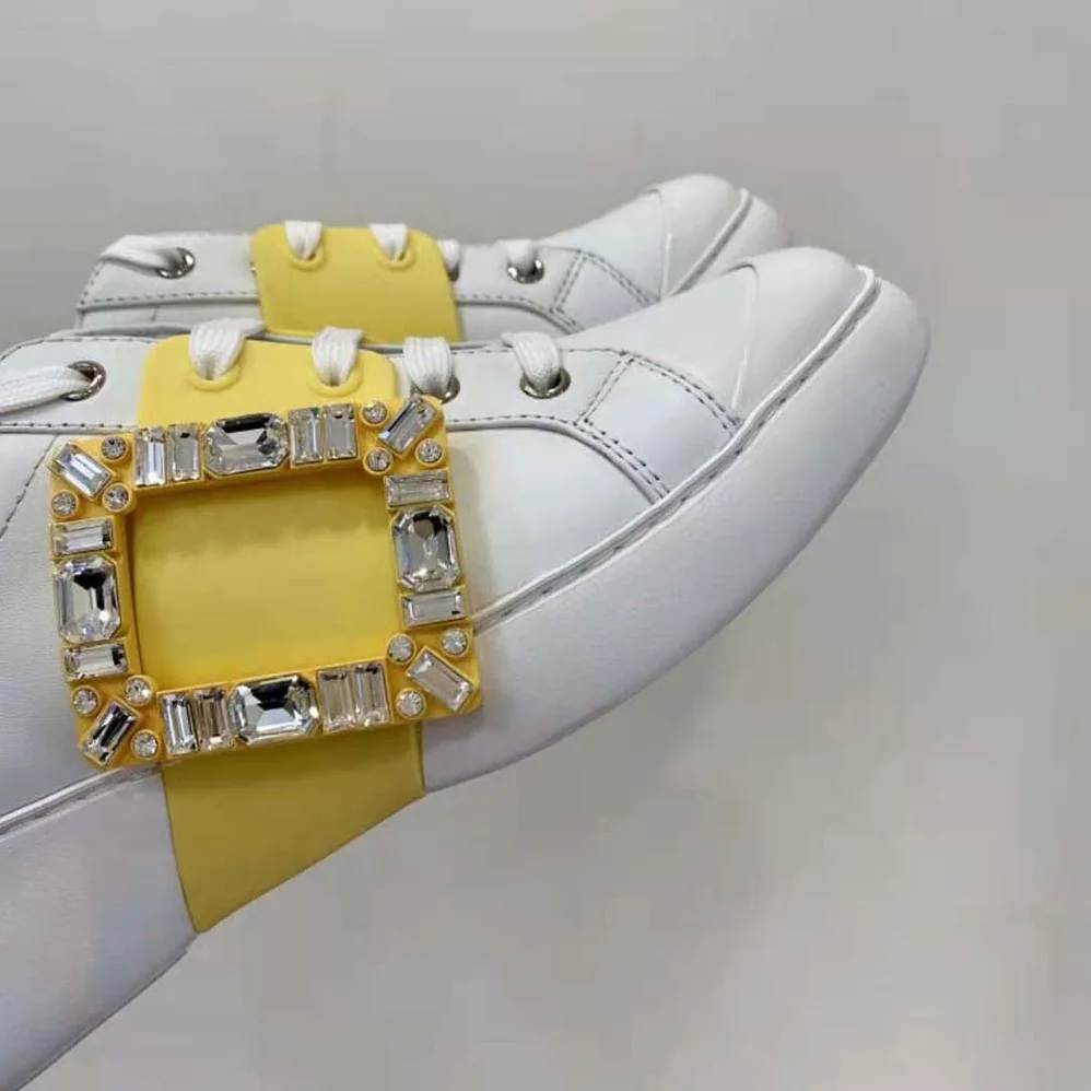 Roger Vivier Viv Skate Strass Buckle Sneakers in Soft Leather for Women in Yellow