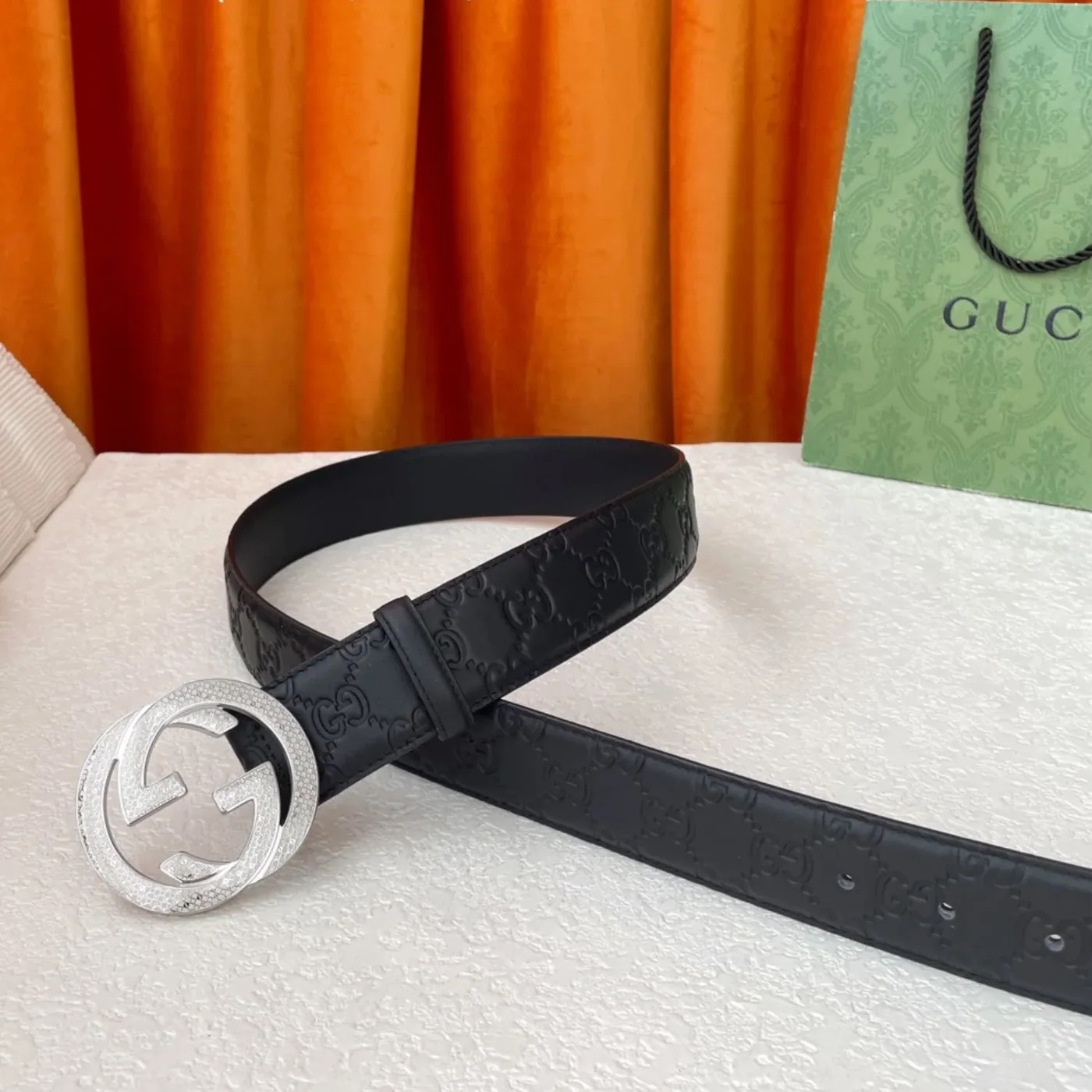 Gucci Iconic GG Buckle Belt Embossed Black With Silver Bling Buckle Gucci Iconic GG Buckle Belt Embossed Black With Silver Bling Buckle