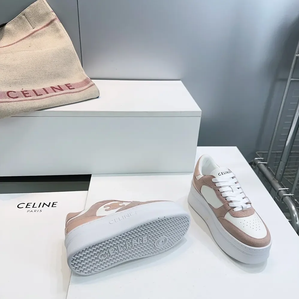 Celine Block Wedge Sneaker With Triomphe Patch In Calfskin And Suede Calfskin for Women in Pink