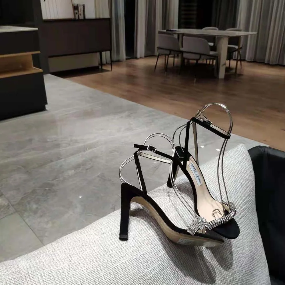 Jimmy Choo Thyra 100 Black Suede Sandals with Pavé Crystal Cord Detail for Women Jimmy Choo Thyra 100 Black Suede Sandals with Pavé Crystal Cord Detail for Women