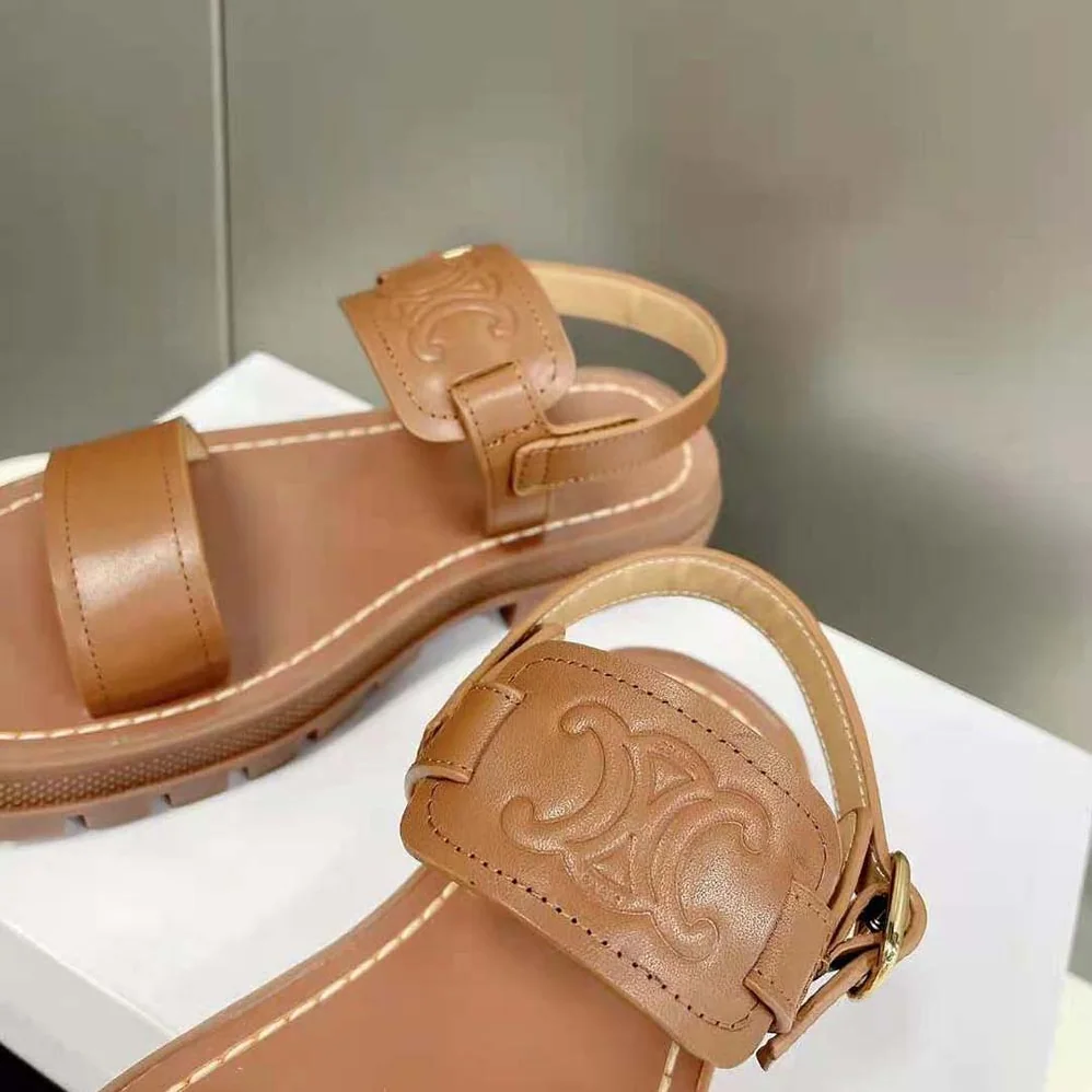 Celine Clea Triomphe Sandal in Vegetal Calfskin for Women in Brown Celine Clea Triomphe Sandal in Vegetal Calfskin for Women in Brown