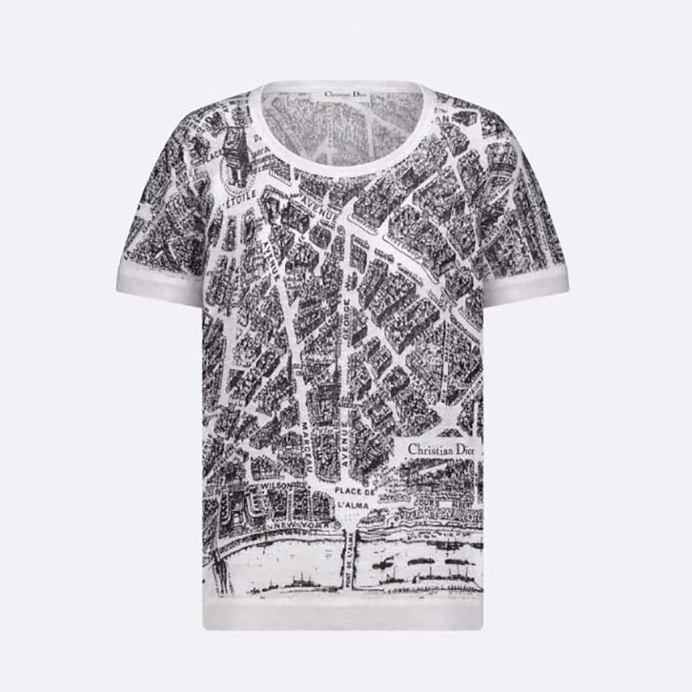 Dior T-shirt White and Black Linen, Cashmere and Silk Knit with Plan de Paris Motif for Women