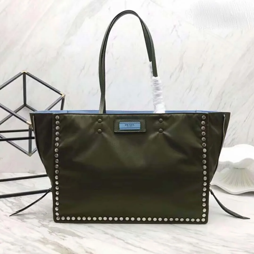 Prada Etiquette Fabric Tote with Metal Stud Trim in Olive Prada Etiquette Fabric Tote with Metal Stud Trim in Olive