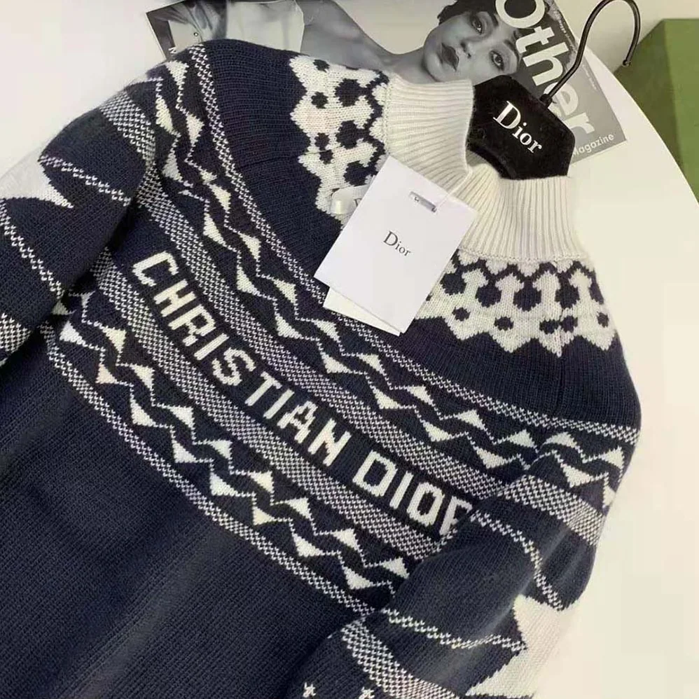 Dior Dioralps Stand Collar Sweater Navy Blue and White Wool and Cashmere Knit for Women Dior Dioralps Stand Collar Sweater Navy Blue and White Wool and Cashmere Knit for Women