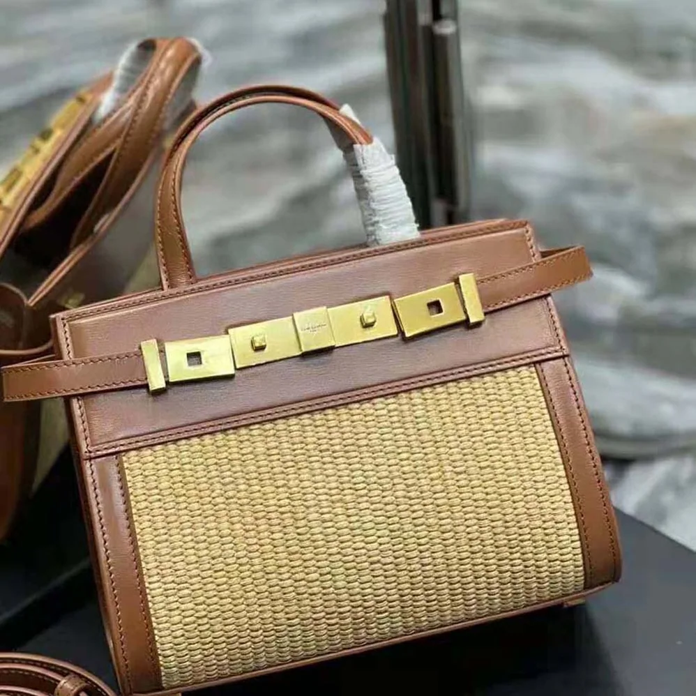 Saint Laurent YSL Manhattan Nano Shopping Bag in Raffia and Smooth Leather for Women in Brown Saint Laurent YSL Manhattan Nano Shopping Bag in Raffia and Smooth Leather for Women in Brown