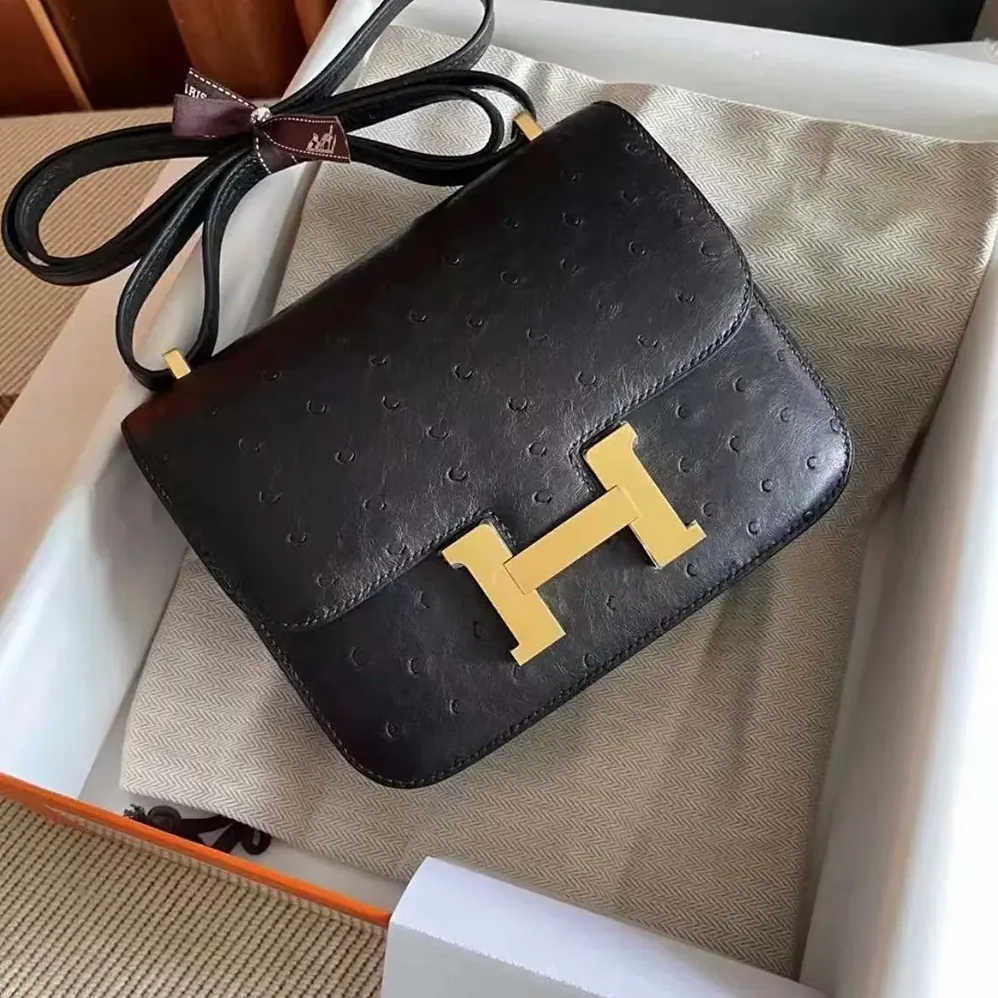 Hermes Constance 19 Bag Nata Ostrich Leather for Women in Black/Gold Hermes Constance 19 Bag Nata Ostrich Leather for Women in Black/Gold
