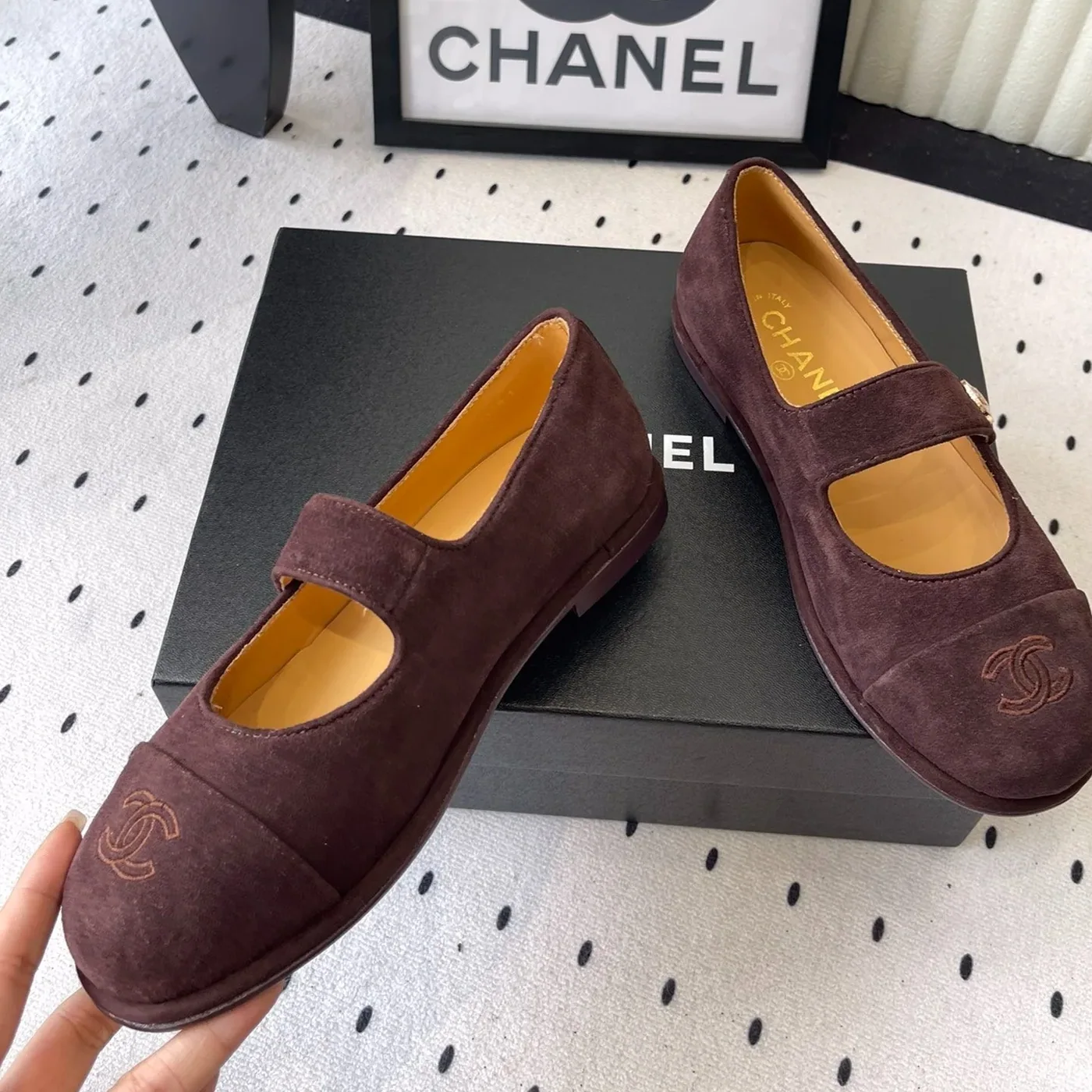 Chanel Mary Jane Flats Burgundy Suede