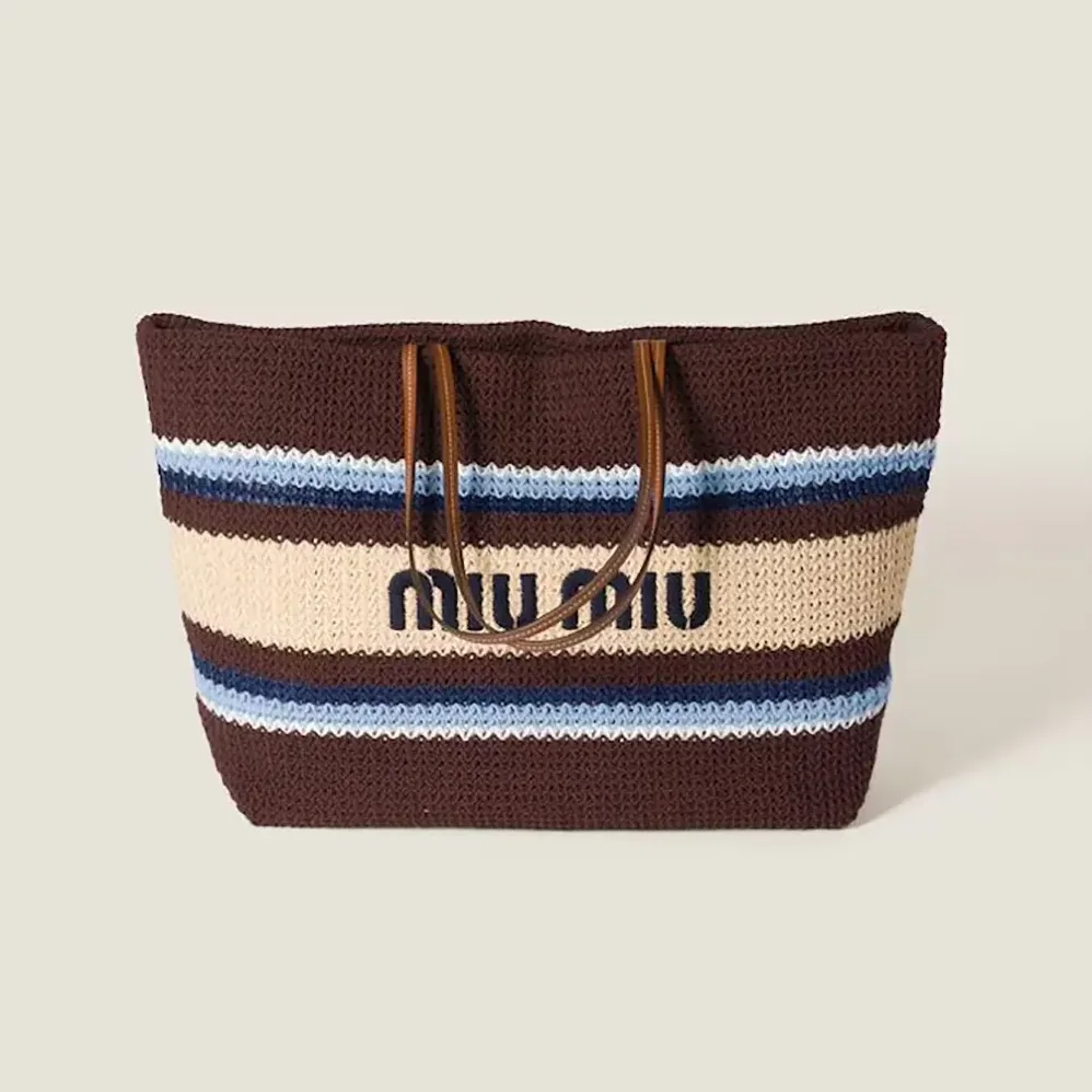 Miu Miu Raffia-Effect Woven Tote Bag for Women in Cocoa Brown/Celeste/Natural Miu Miu Raffia-Effect Woven Tote Bag for Women in Cocoa Brown/Celeste/Natural