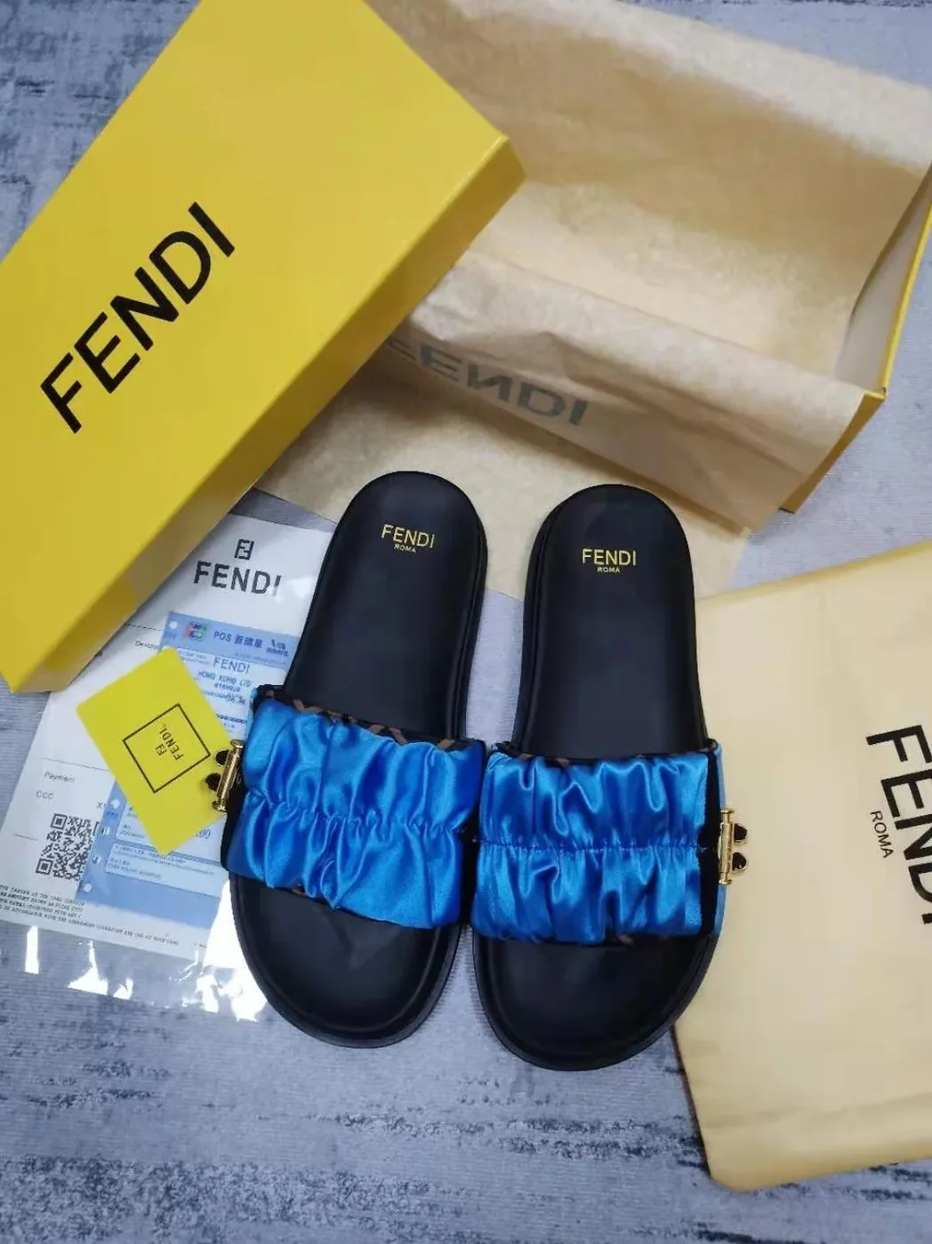 Fendi Feel Blue Satin Slides Fendi Feel Blue Satin Slides