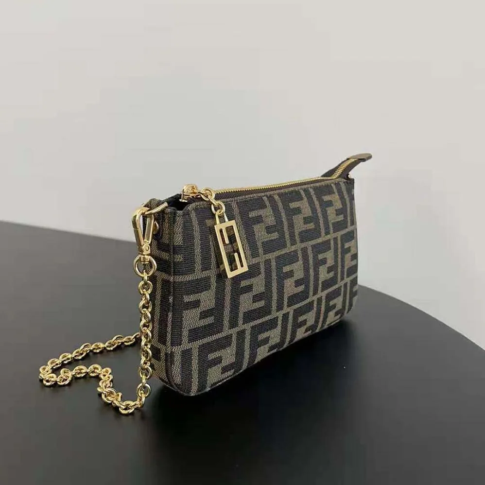 Fendi Baguette Pouch Brown Jacquard FF Fabric Clutch with Chain for Women Fendi Baguette Pouch Brown Jacquard FF Fabric Clutch with Chain for Women