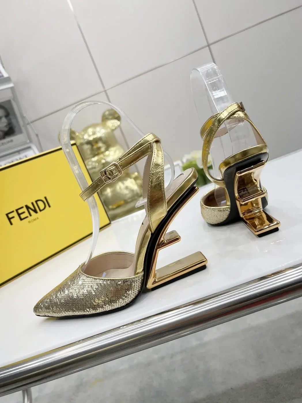 Fendi First Gold Glitter High in Heeled Slingbacks Fendi First Gold Glitter High in Heeled Slingbacks