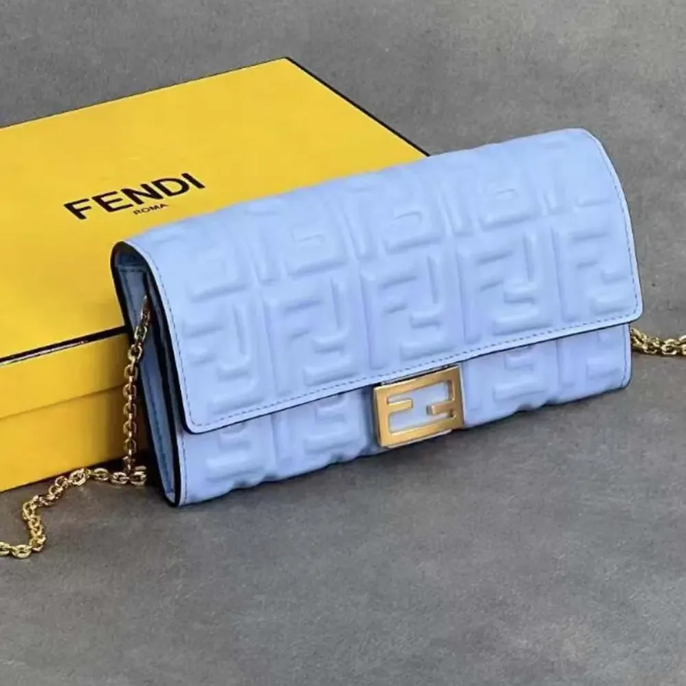 Fendi Baguette Continental Wallet With Chain Blue Nappa Leather Wallet for Women