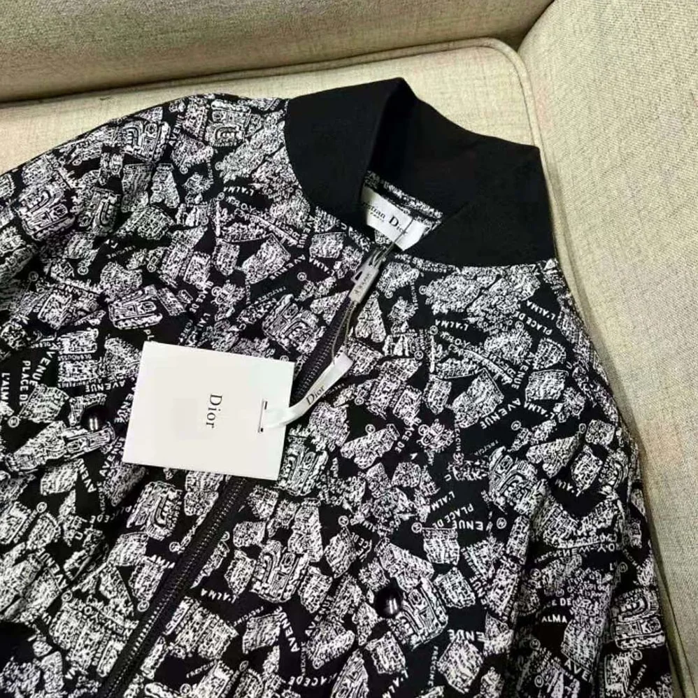 Dior Cropped Bomber Jacket Black and White Technical Taffeta Jacquard for Women