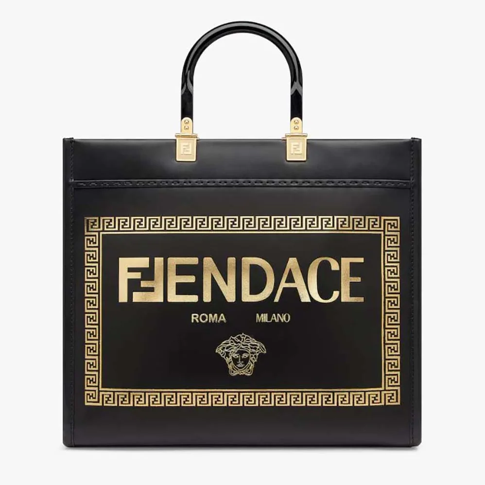 Fendi Sunshine Medium Fendace Printed Black Leather Logo Shopper for Women Fendi Sunshine Medium Fendace Printed Black Leather Logo Shopper for Women