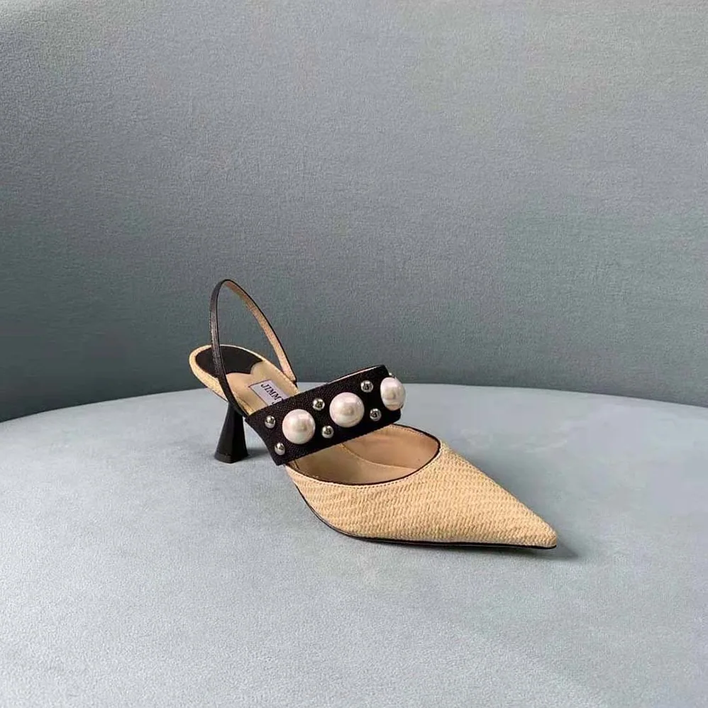 Jimmy Choo Breslin 100 Natural Raffia Slingbacks with Pearl and Stud Embellishment for Women