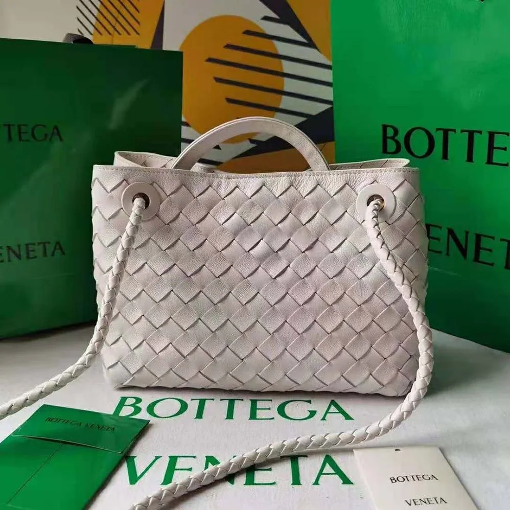 Bottega Veneta Small Andiamo Intrecciato Leather Top Handle Bag for Women in White