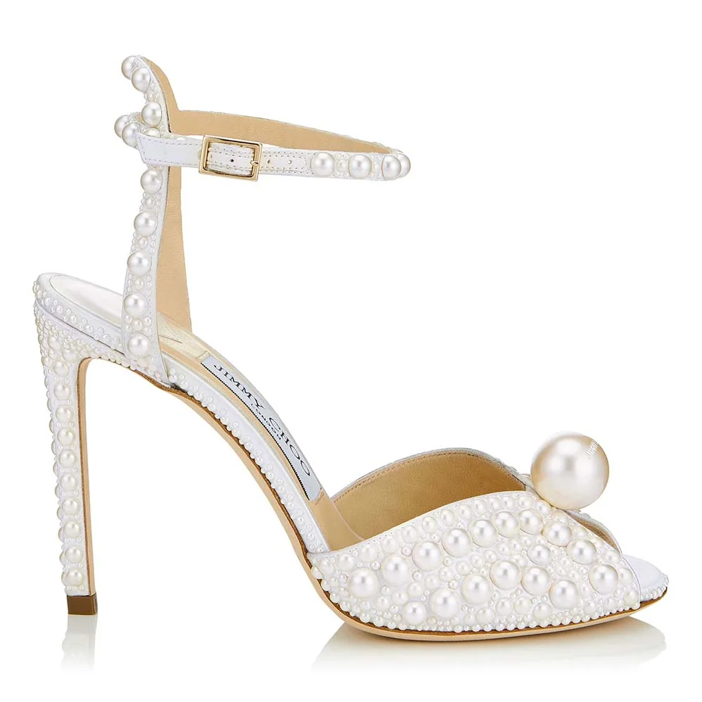 Jimmy Choo SACORA 100 White Satin Sandals with All Over Pearls for Women Jimmy Choo SACORA 100 White Satin Sandals with All Over Pearls for Women