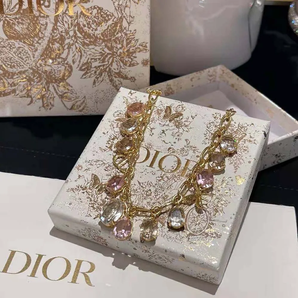 Dior Petit CD Necklace Gold-Finish Metal and Multicolor Crystals with White Resin Pearl for Women