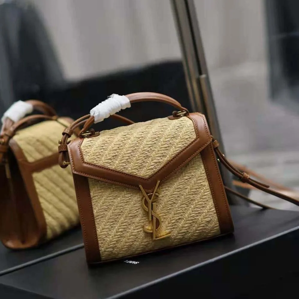 Saint Laurent YSL Cassandra Mini Top Handle Bag in Raffia and Vegetable for Women in tanned Leather Saint Laurent YSL Cassandra Mini Top Handle Bag in Raffia and Vegetable for Women in tanned Leather