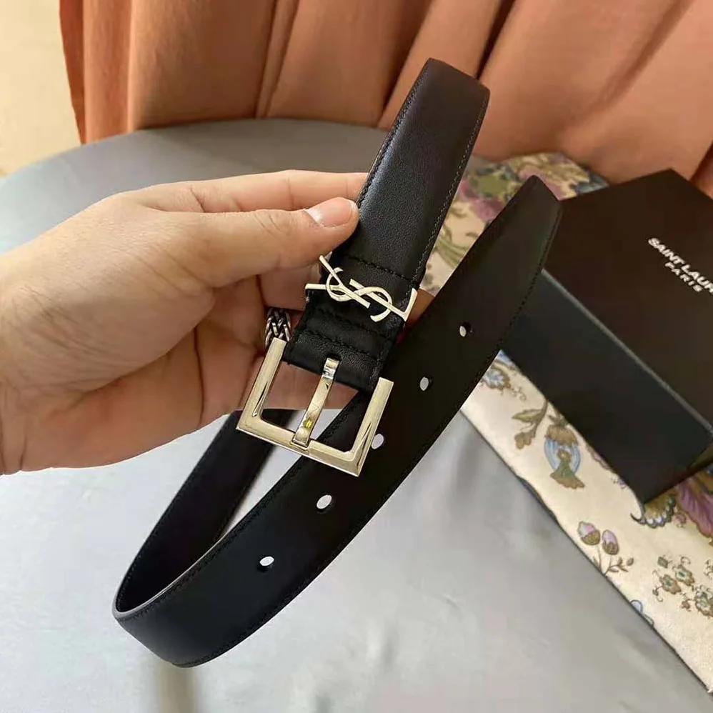 Saint Laurent YSL Monogram Narrow Belt with Square Buckle in Smooth Leather for Women